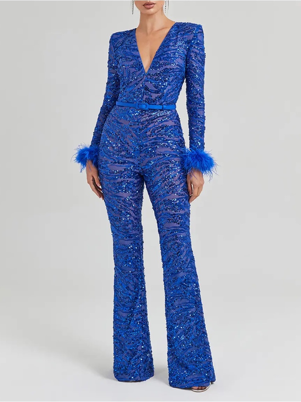 Nadine Merabi Tia Royal Blur Sequin Feather Cuff Jumpsuit